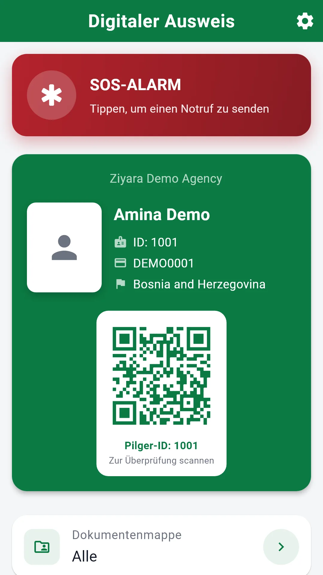 Ziyara-Pilger-App mit einem Beispielausweis, QR-Code und SOS-Schaltfläche.