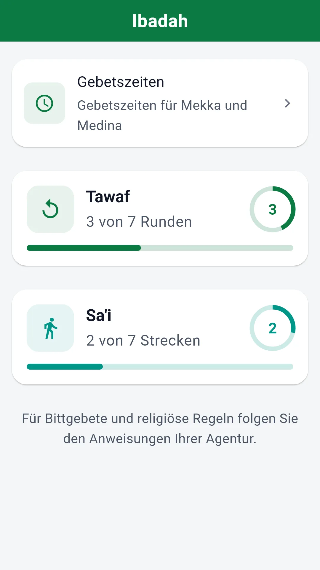 Tawaf- und Sa'i-Zähler in der Ziyara-Pilger-App.