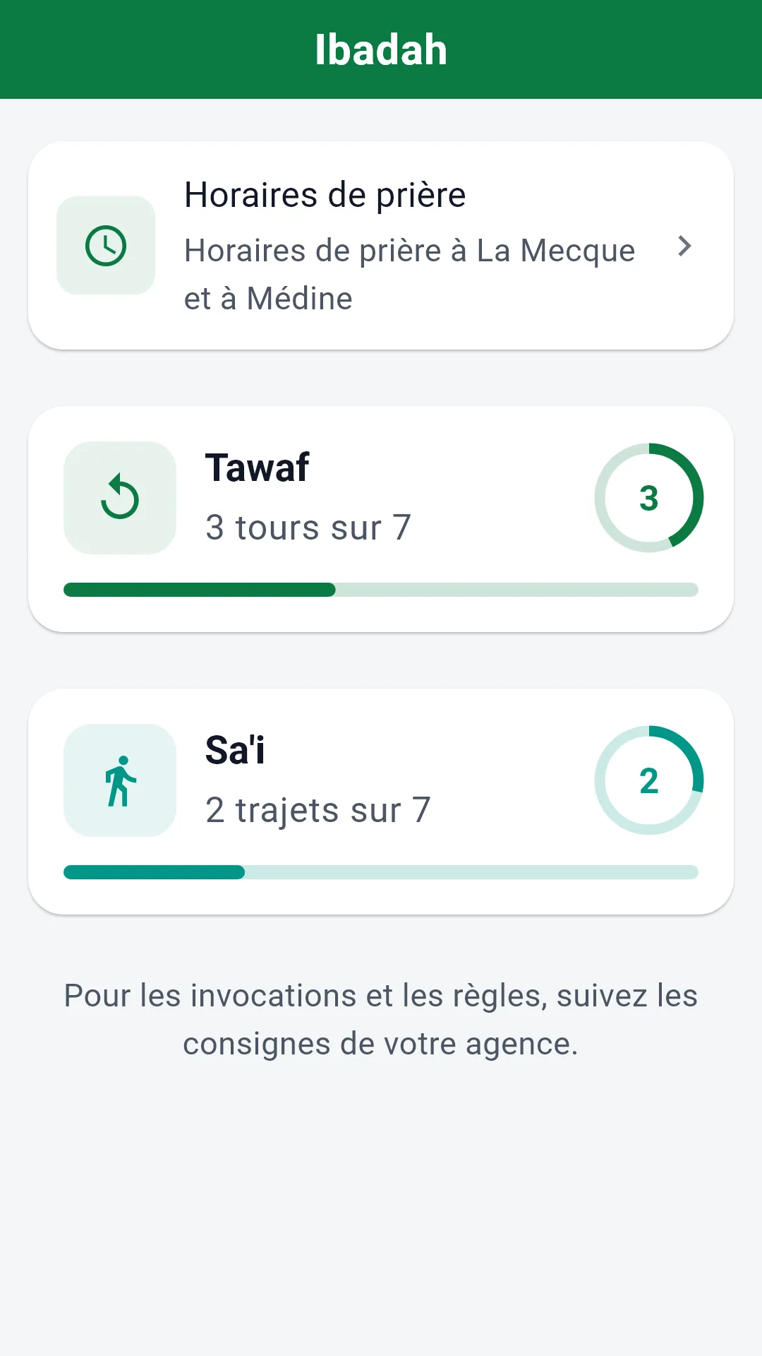 Les compteurs de tawaf et de sa'i dans l’application Ziyara des pèlerins.