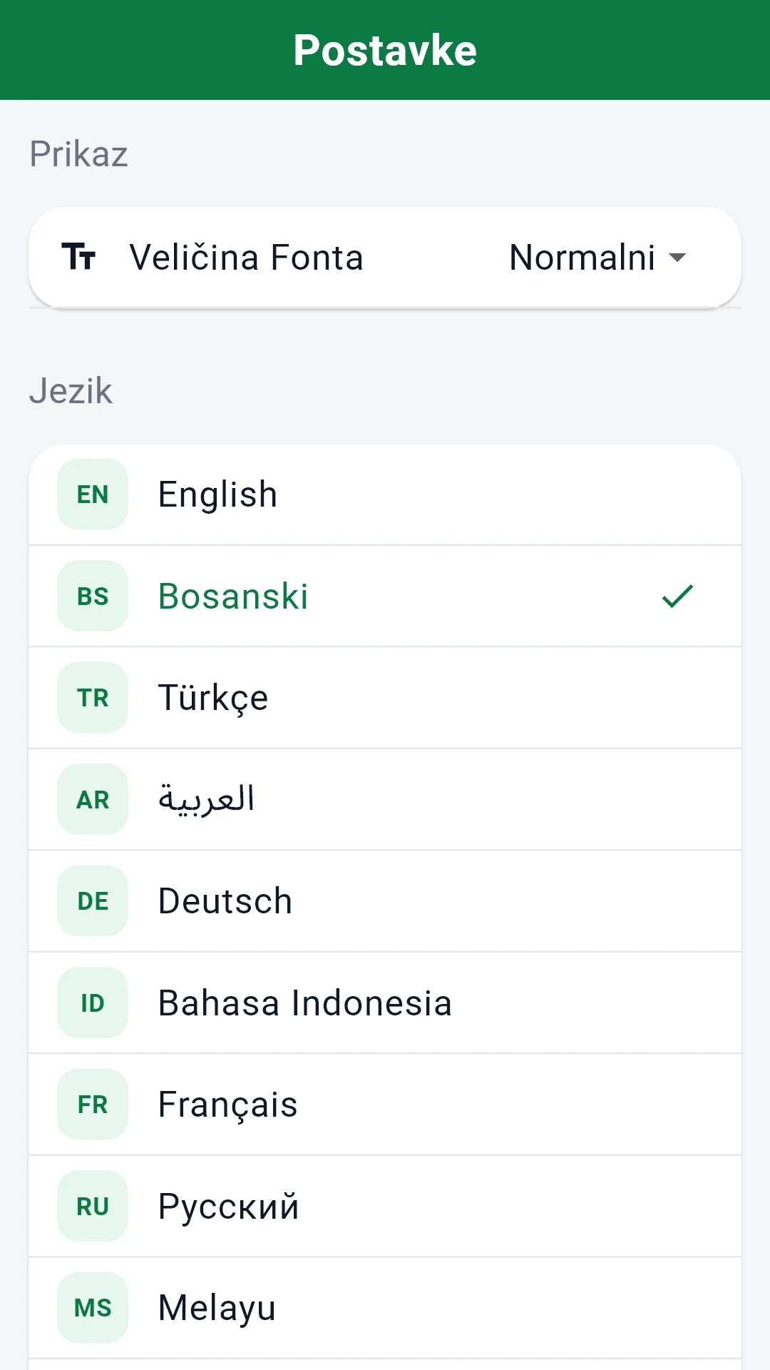 Izbor jezika sa svih deset podržanih jezika.