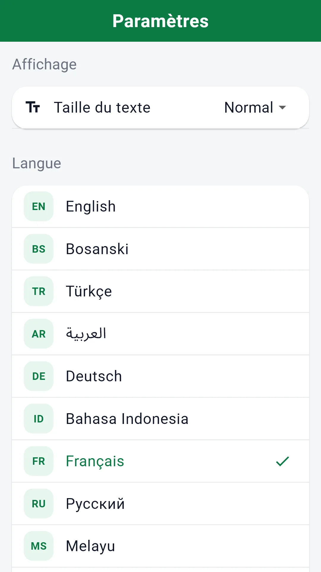 Le sélecteur de langue avec les dix langues prises en charge.