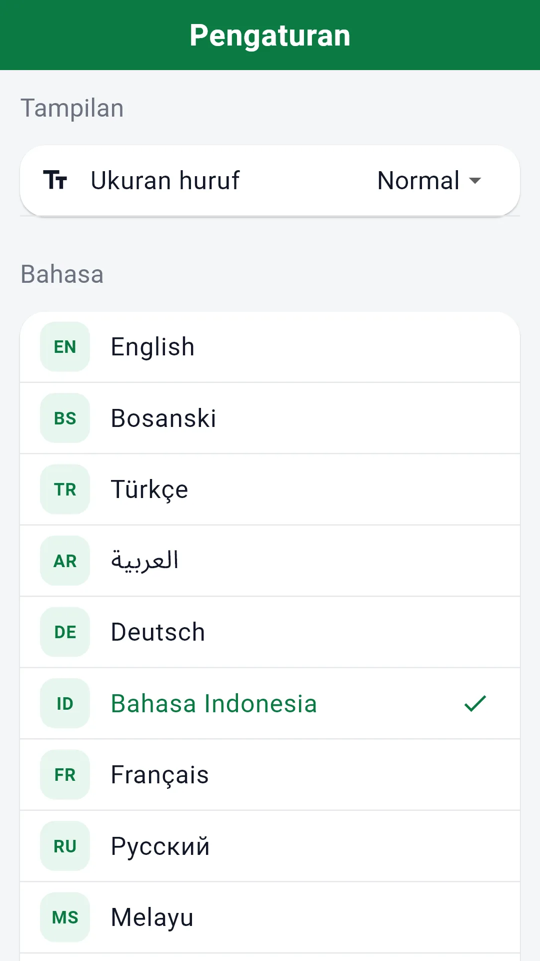 Pemilih bahasa dengan kesepuluh bahasa yang didukung.