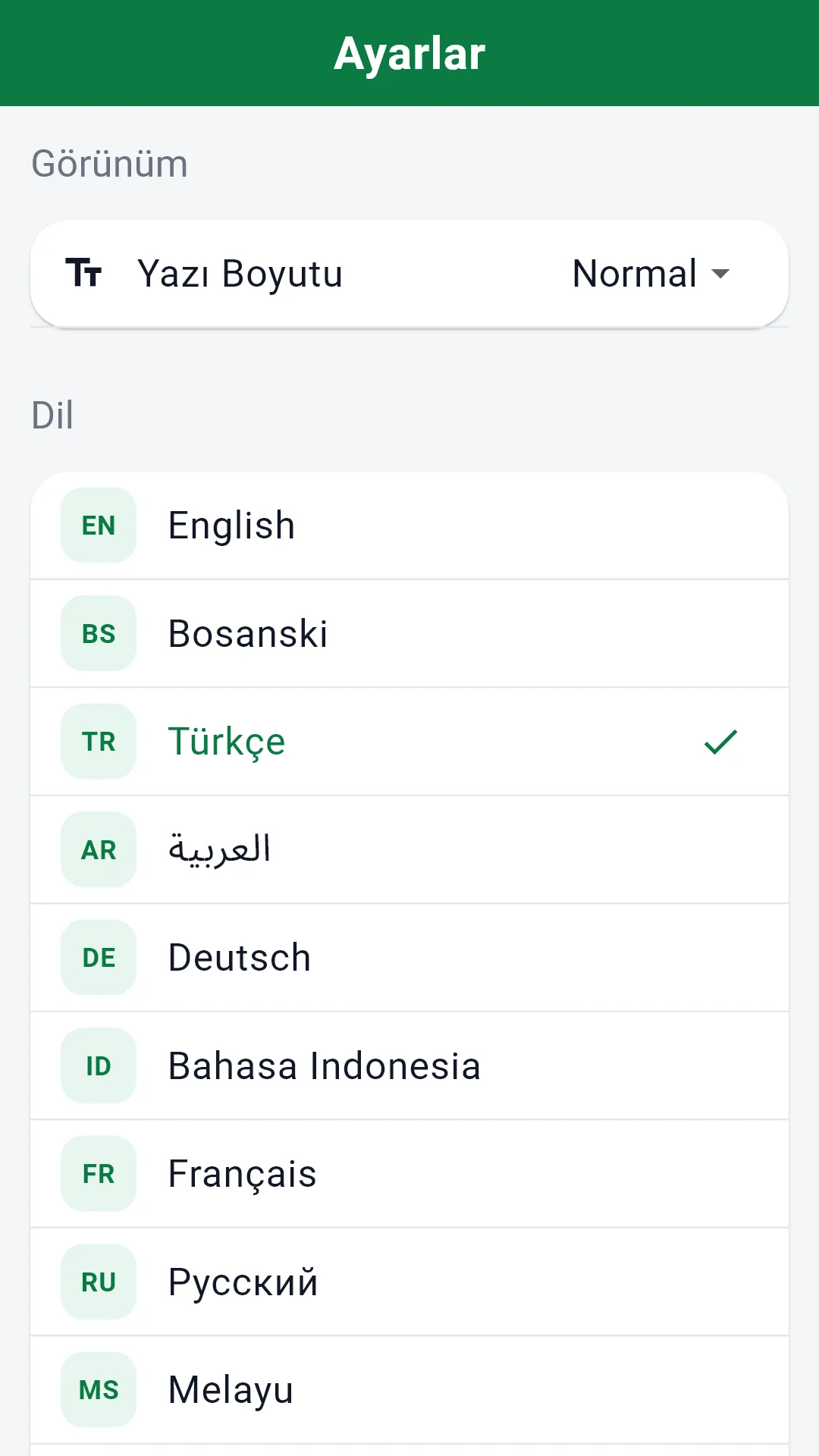 Desteklenen on dili gösteren dil seçici.