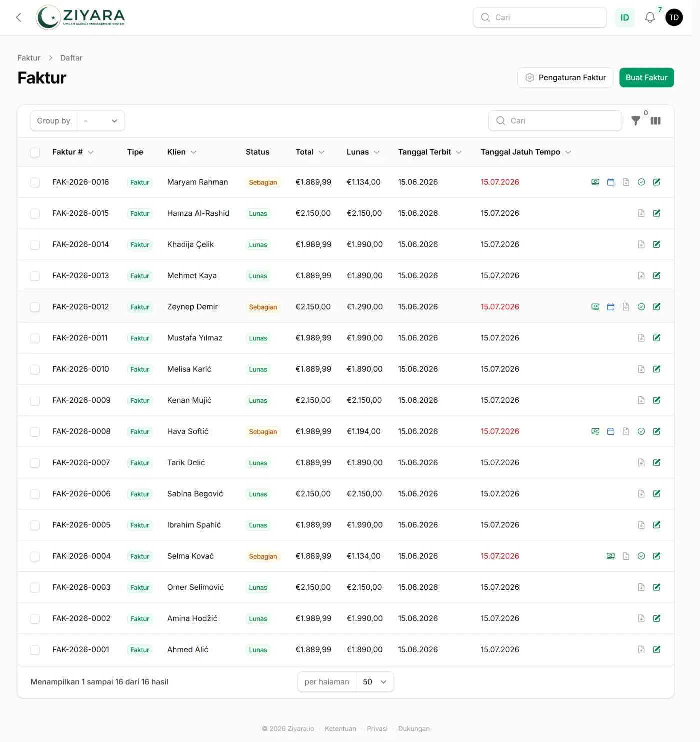 Layar faktur Ziyara menampilkan 16 faktur bernomor FAK-2026-0001 sampai FAK-2026-0016, masing-masing dengan nama klien, status lunas atau dibayar sebagian, total antara 1.889,99 € dan 2.150,00 €, jumlah yang sudah dibayar, tanggal terbit, dan jatuh tempo. Pada empat faktur yang baru dibayar sebagian, jatuh temponya tertulis merah.